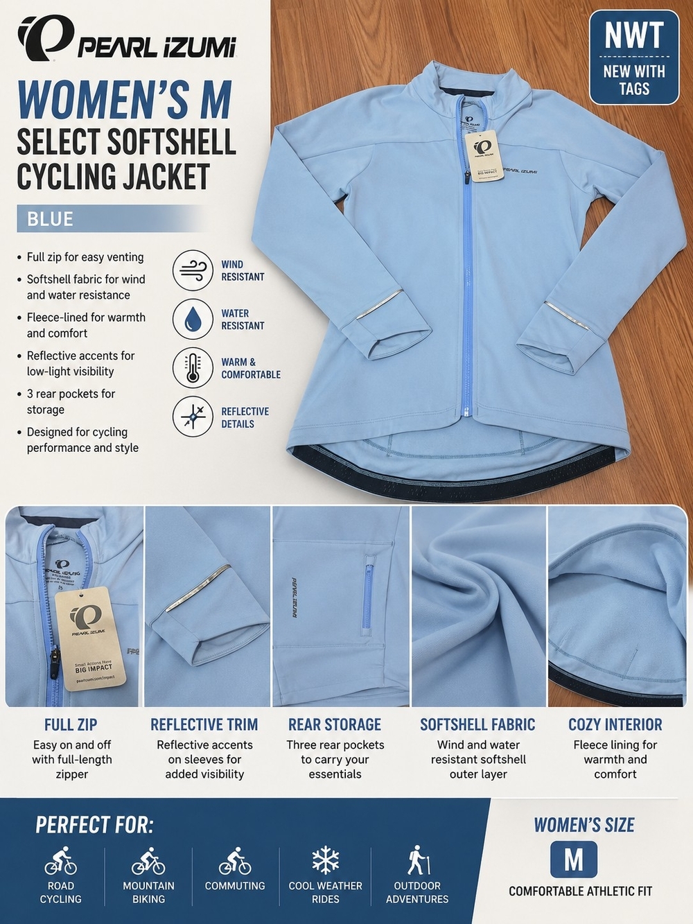 Pearl Izumi Women's M Select Softshell Cycling Jacket Blue NWT Full Zip